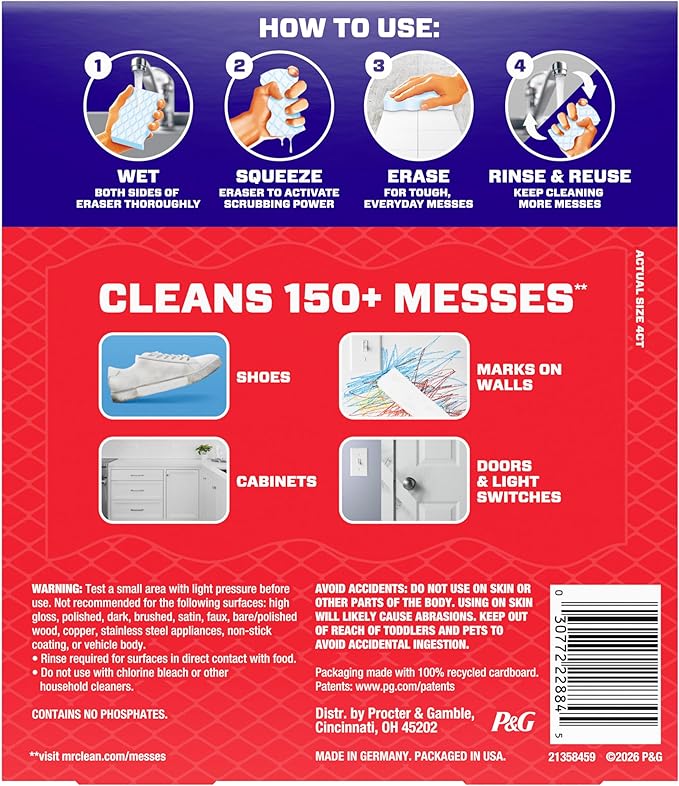 Mr. Clean Magic Eraser Sponge, All Purpose Cleaner, Cleaning Scrubber, Wall, Sneaker, Kitchen, Bathroom, Shower Cleaner, Cleaning Supplies, Melamine Sponge, Cleaning Pads, Extra Durable, 4ct - Image 14