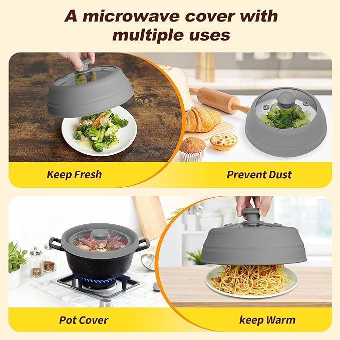 Microwave Splatter cover, Glass Microwave Cover for Food, 11.8 inch Guard Lid with Collapsible Silicone for 6-11 inch Plates & Bowls, Dishwasher Safe, 450°F Heat Resistant, BPA-Free, Gray