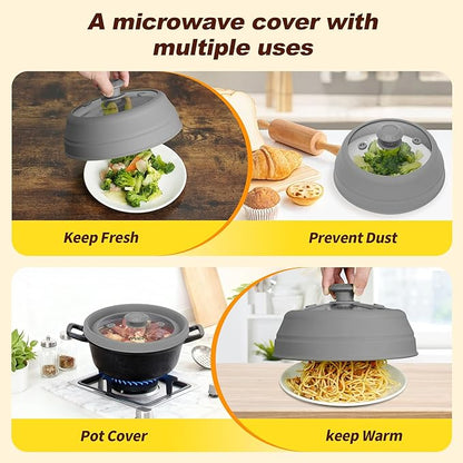 Microwave Splatter cover, Glass Microwave Cover for Food, 11.8 inch Guard Lid with Collapsible Silicone for 6-11 inch Plates & Bowls, Dishwasher Safe, 450°F Heat Resistant, BPA-Free, Gray