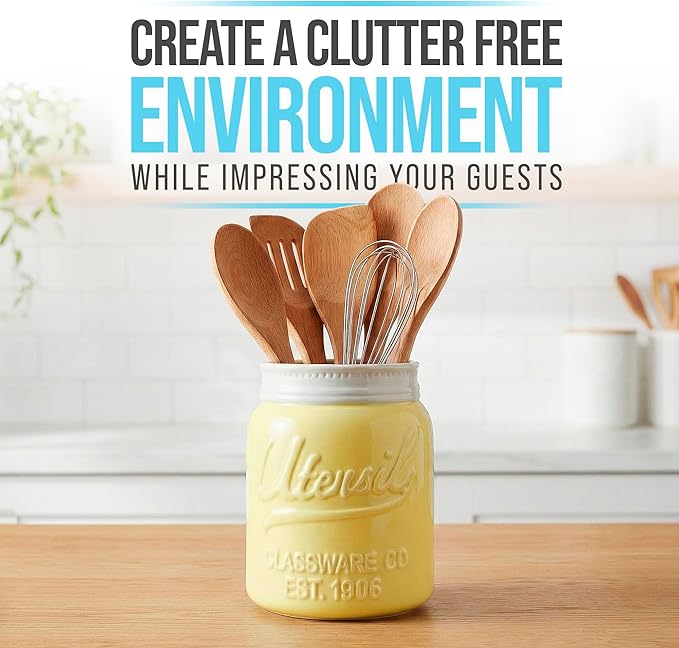 Comfify Wide Mouth Mason Jar Utensil Holder Decorative Kitchenware Organizer Crock, Dishwasher Safe - Kitchen Caddy Green, Large Size 7" High - Yellow - Image 2