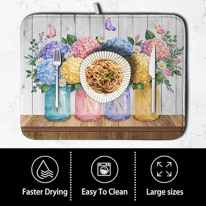 Hydrangea Dish Drying Mat for Kitchen Counter Spring Summer Floral Vases dish mat Microfiber Absorbent Dish Drainer Pad Rustic Farmhouse Floral Wooden Board Dish Draining Mats 18x24 Inch - Image 4