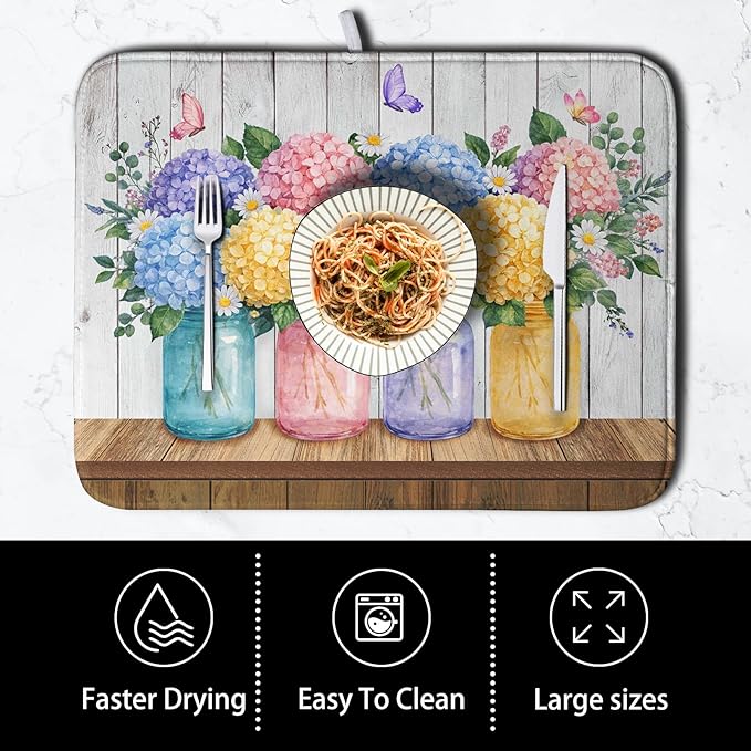 Hydrangea Dish Drying Mat for Kitchen Counter Spring Summer Floral Vases dish mat Microfiber Absorbent Dish Drainer Pad Rustic Farmhouse Floral Wooden Board Dish Draining Mats 16x18 Inch - Image 4