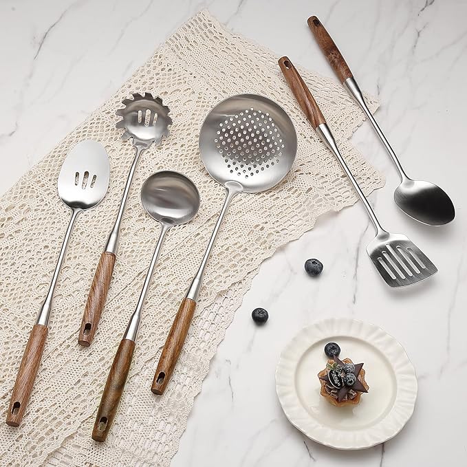 6 Pcs Cooking Utensils Set 304 Stainlss Steel Kitchen Utensils Set Heat Resistant Wooden Handle Kitchen Tools Metal Kitchen Utensil Soup Ladle Set, Dishwasher Safe - Image 7