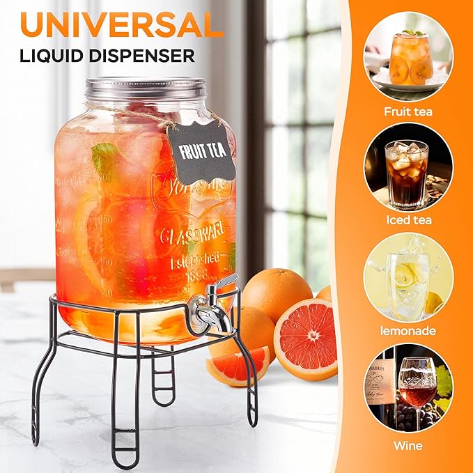 2 Gallon Large Glass Drink Dispenser Set, Beverage Dispensers with Stand & 18/8 Stainless Steel Spigot, Leakproof for Lemonade, Sun Tea & Iced Tea - Image 3