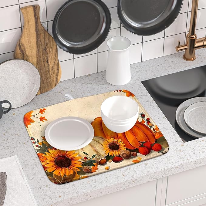 Happy Thanksgiving Day Harvest Dish Drying Mat for Kitchen Counter,Sunflower Maple Leaves Pumpkin Drying Mat 16 x 18 Inch with Absorbent Reversible Microfiber Dish Drying Pad for Coffee Bar - Image 6