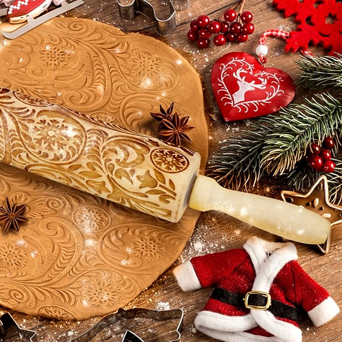 Christmas Gifts Wooden Embossed Rolling Pin for Baking, Stocking Stuffers Gifts for Women, Deep Engraved Embossing Rolling Pins with Snow Pattern Designs for Baking Cookies Stamps Roller DIY Tools - Image 2