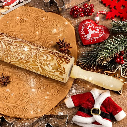 Christmas Gifts Wooden Embossed Rolling Pin for Baking, Stocking Stuffers Gifts for Women, Deep Engraved Embossing Rolling Pins with Snow Pattern Designs for Baking Cookies Stamps Roller DIY Tools - Image 2