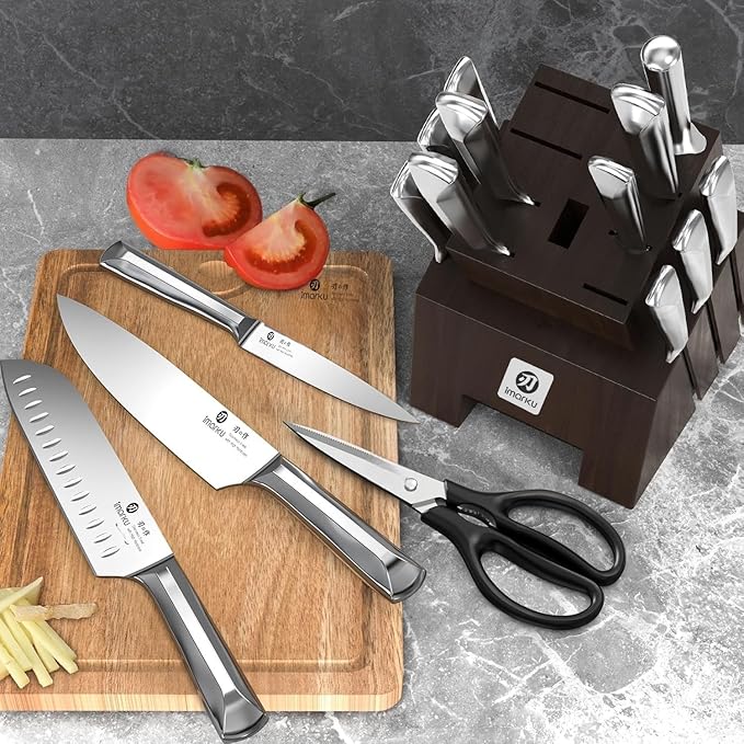 imarku Knife Set, 16Pcs Japanese Knife Set with Block & Built-in Sharpener, High Carbon Stainless Steel Kitchen Knives, Non-Slip Ergonomic Handle, Dishwasher Safe, Home Essentials Perfect for Gifts - Image 8