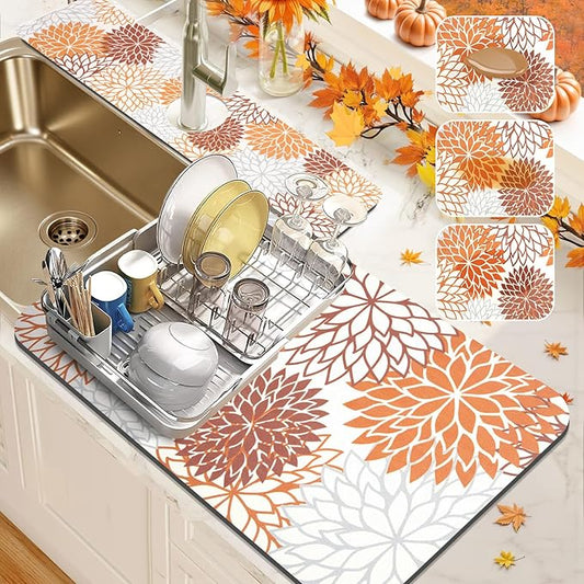 Findosom 2PCS 12" x 20" Fall Dish Drying Mat & 24" x 5.5" Sink Splash Guard, Super Absorbent & Cuttable Dish Mat Drying Kitchen Mat with Orange Floral, Hide Stain Drying Mat for Kitchen Counter by Findosom