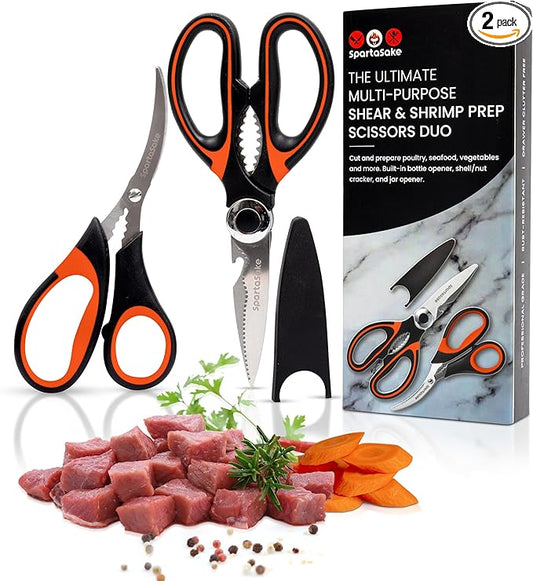 SpartaSake 2-Pack Premium Stainless Steel All Purpose Kitchen Shears with Sleeve - Heavy Duty Ultra Sharp kitchen Scissors for Food-Multipurpose Food Scissors for Meat Poultry Vegetable (Black-Orange)