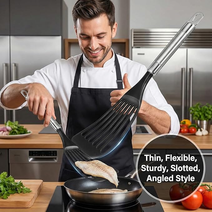 KSENDALO Fish Spatula for Nonstick Pans 2-Pack - Thin Turner for Eggs & Fish | LFGB Nylon, 10,000+ Reviews | Dishwasher Safe - Image 2