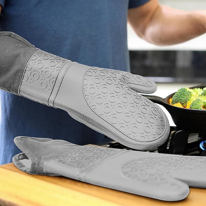 BPA-Free Soft Silicone Oven Mitts - Ultra Heat Resistant Oven Mitts with Thick Cotton Liner - Extra Long Slip Resistant Pot Holders, Flexible Oven Gloves - Gray 14.7" - Image 9