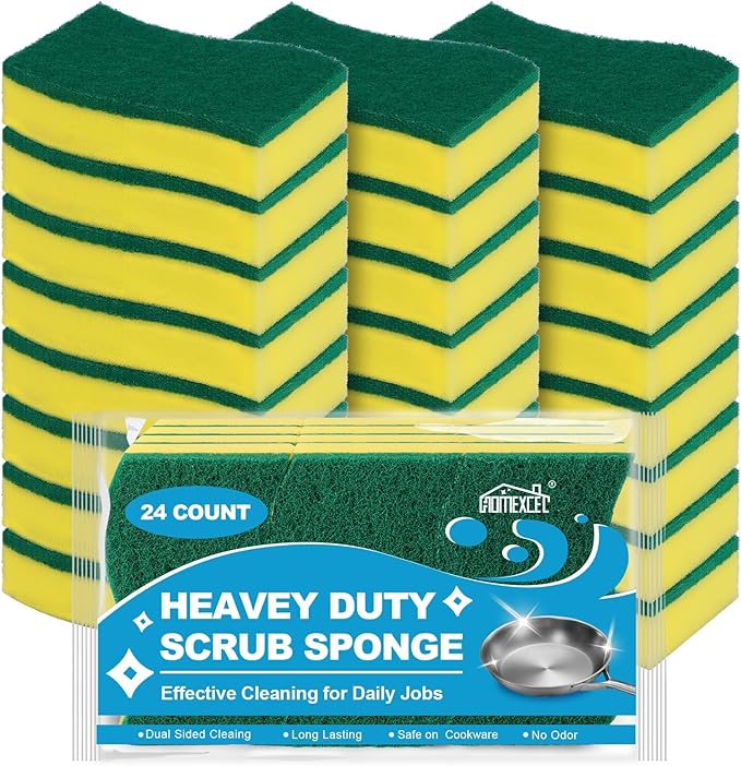 HOMEXCEL Sponges Kitchen 24pcs Heavy Duty for Dishes, Yellow Scrub Cleaning Sponge for Non-Coated Cookware, Dishes, Pots, Pans, Dual Sided Dish Sponge for Kitchen, Household, Bathroom by HOMEXCEL