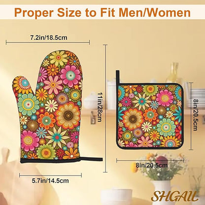 Mandala Flower Pattern Oven Gloves and Hot Pads Set - Heatproof Hand Protection for Baking, Grilling, Cooking 4Pcs