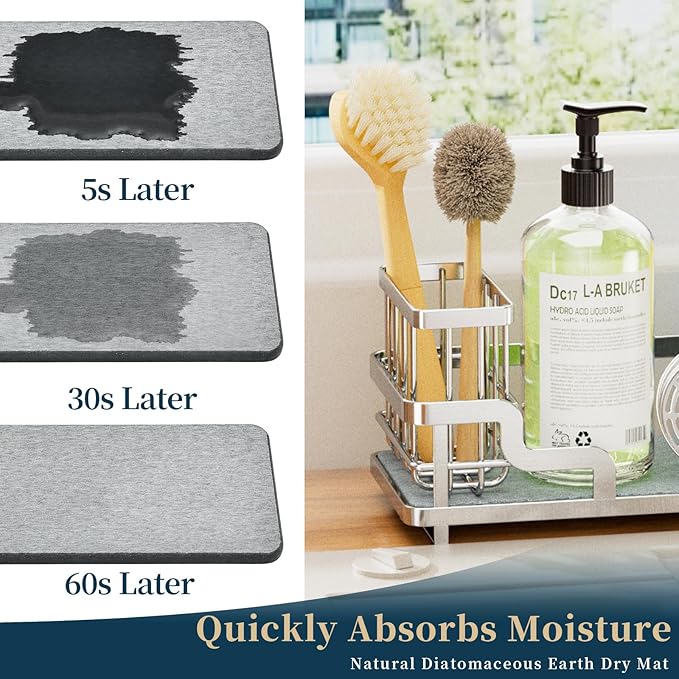 Consumest Sponge Holder for Kitchen Sink - Sink Caddy Organizer with Water Absorbing Stone Tray, Detachable Brush Holder, Stainless Steel Kitchen Counter Organizer Rack, Silver - Image 2