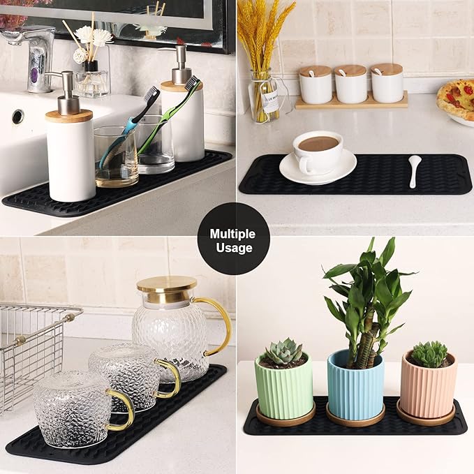 ZLR 2 Pcs Silicone Sponge Holder & Sink Caddy Tray (6" x 17") - Narrow Dish Drying Mat for Kitchen Counter - Waterproof Soap Dispenser Organizer, Non-Slip Bathroom Vanity Tray (Black) - Image 7