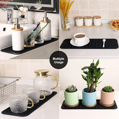 ZLR 2 Pcs Silicone Sponge Holder & Sink Caddy Tray (6" x 17") - Narrow Dish Drying Mat for Kitchen Counter - Waterproof Soap Dispenser Organizer, Non-Slip Bathroom Vanity Tray (Black) - Image 7