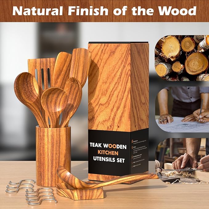 Natural Teak Kitchen Cooking Utensil Set with Holder, Wooden Spoons for Cooking, 10PCS Cooking Spatulas Set with Spoon Rest, Wooden Utensil Set for Nonstick Cookware Sturdy & Lightweight - Image 8