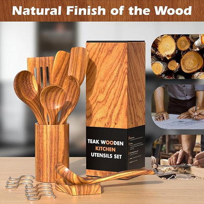 Natural Teak Kitchen Cooking Utensil Set with Holder, Wooden Spoons for Cooking, 10PCS Cooking Spatulas Set with Spoon Rest, Wooden Utensil Set for Nonstick Cookware Sturdy & Lightweight - Image 8