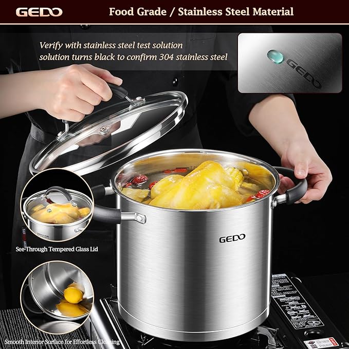 GEDO Food-Grade 304 Stainless Steel Stock Pot, Thickened Cooking Pot with Tempered Glass Lid, Heat-Resistant Handles, Fits All Stovetops for Soup Stew Canning, Dishwasher Safe (10, Quarts) - Image 4