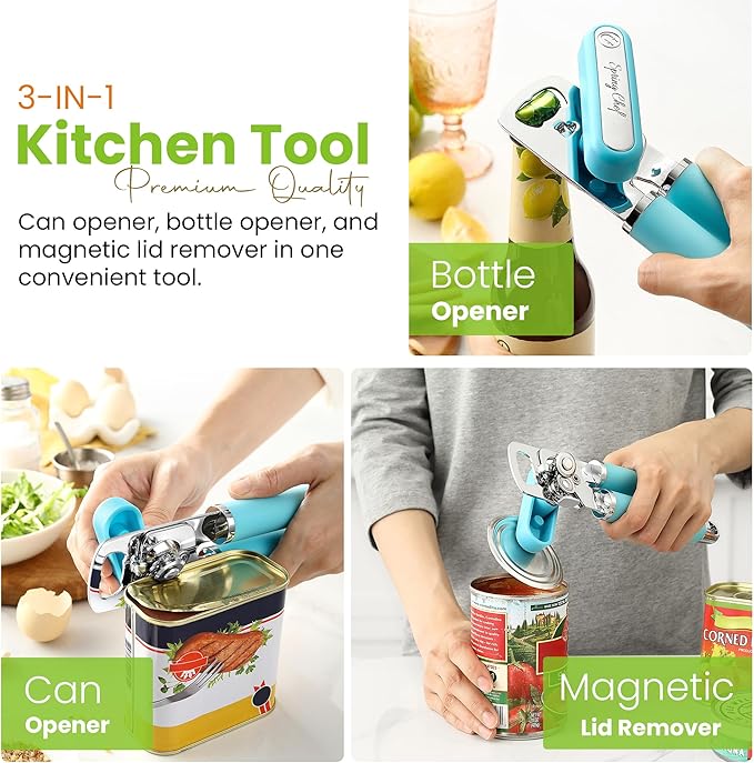 Spring Chef Stainless Steel Can Opener - Manual with Soft Grip Handles, Easy Turn, Heavy Duty Hand Can Openers for Seniors with Smooth Edge - Magnetic Lid Remover - Aqua Sky - Image 4