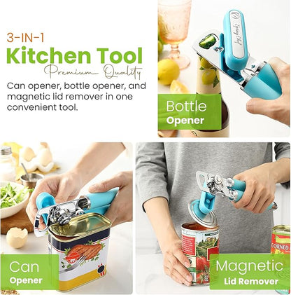 Spring Chef Stainless Steel Can Opener - Manual with Soft Grip Handles, Easy Turn, Heavy Duty Hand Can Openers for Seniors with Smooth Edge - Magnetic Lid Remover - Aqua Sky - Image 4