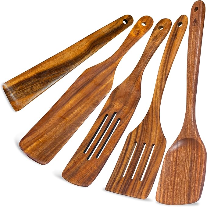 5 PCS Wooden Spatula for Cooking, Natural Teak Wooden Utensil Set, Non-Toxic Wood Cooking Utensil, Handmade Comfort Grip Wood Spoons for Nonstick Cookware by Vorisebo