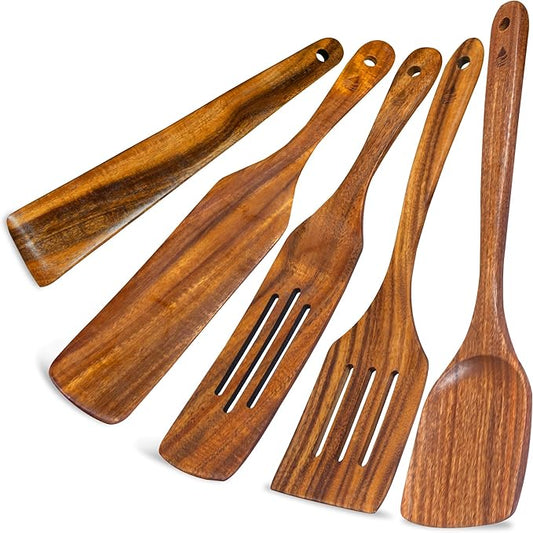 5 PCS Wooden Spatula for Cooking, Natural Teak Wooden Utensil Set, Non-Toxic Wood Cooking Utensil, Handmade Comfort Grip Wood Spoons for Nonstick Cookware by Vorisebo