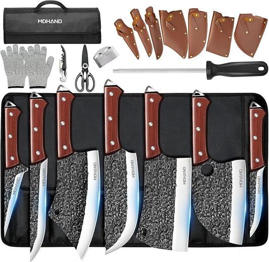 MDHAND Butcher Knife Set, 14PCS Hand Forged Professional Chef Knife Set with Roll Bag, Sharp Meat Cleaver Knife & Bone Chopper Knives & Fillet Knife for Home Kitchen & Camping BBQ, Gifts for Men Women