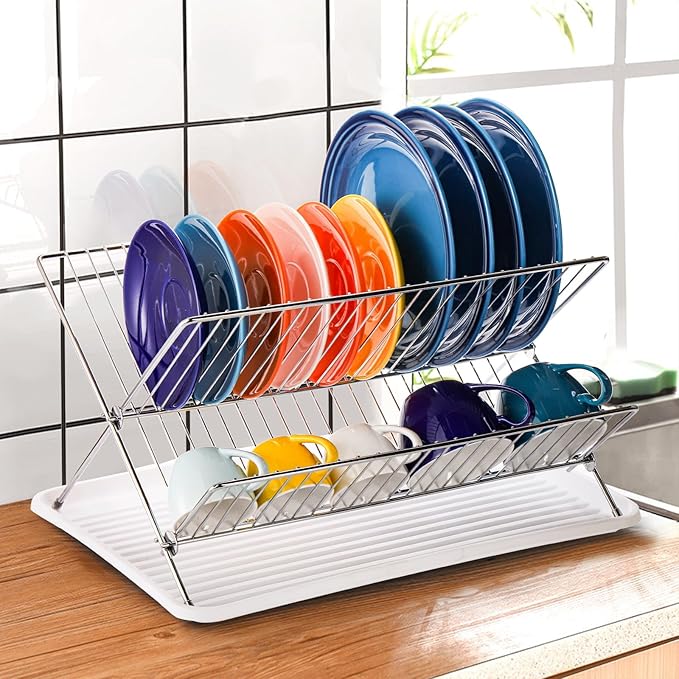 Youeon Foldable Dish Drying Rack with Drip Tray, Stainless Steel 2 Tier Dish Drainer Rack, Collapsible Dish Drainer, Folding Dish Rack for Kitchen Sink, Countertop, Cutlery, Plates, Dishes - Image 7