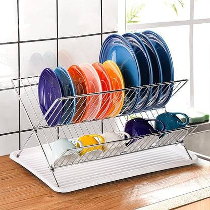 Youeon Foldable Dish Drying Rack with Drip Tray, Stainless Steel 2 Tier Dish Drainer Rack, Collapsible Dish Drainer, Folding Dish Rack for Kitchen Sink, Countertop, Cutlery, Plates, Dishes - Image 7