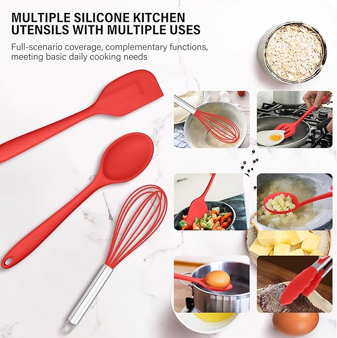 HaWare 11 PCS Silicone Cooking Utensils Set, Heat Resistant Kitchen Utensils with Holder, Food-grade Spatula Sets for Nonstick Cookware, Kitchen Tools Gadgets Include Fish Turner, Spoon (Red) - Image 5