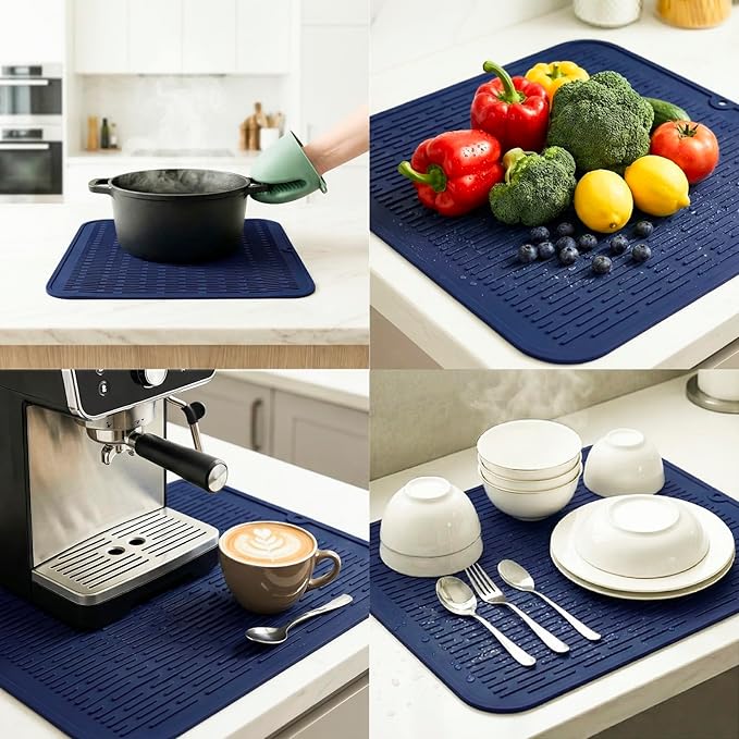 MicoYang Silicone Dish Drying Mat for Multiple Usage,Easy clean,Eco-friendly,Heat-resistant Silicone Mat for Kitchen Counter or Sink,Refrigerator or Drawer Liner Navy Blue XL 18 inches x 16 inches - Image 4