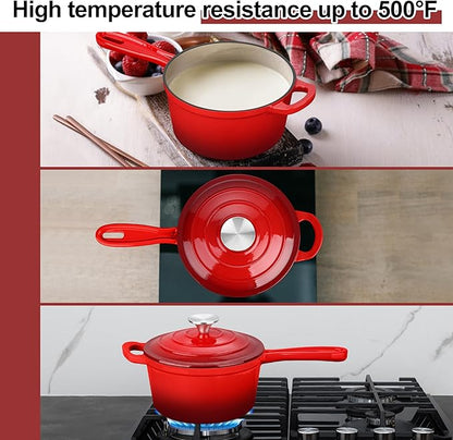 Enameled Cast Iron Sauce Pan with Lid, Leonyo 2 Quart Saucepan with Lid, Enamel Cast Iron Dutch Oven Kitchen Cookware for All Cooktops Making Pasta Sauce, Milk, Oatmeal - Up to 500°F & 6.7Lbs, Red