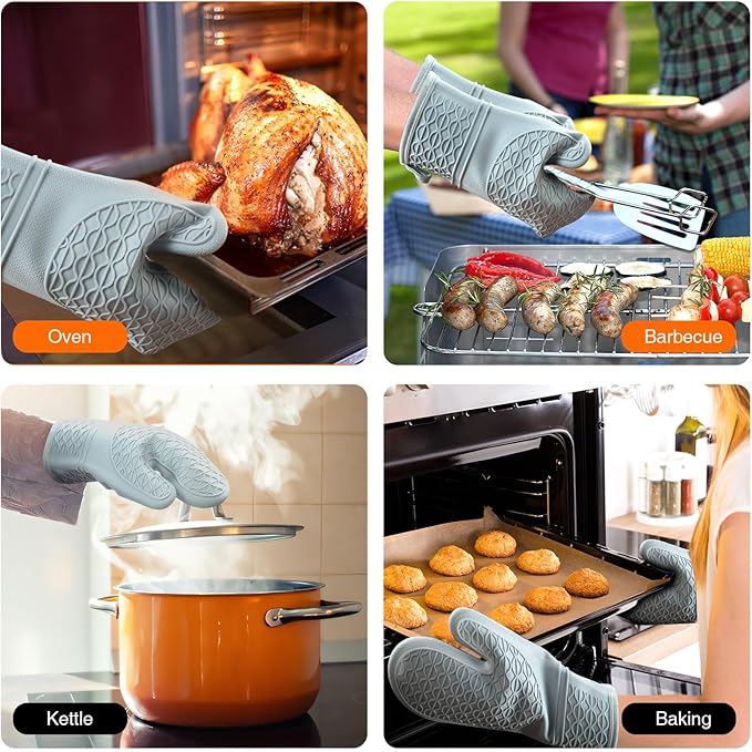 Silicone Oven Mitts, Heat Resistant 2PCS Oven Mitts with Soft Cotton Lining, Waterproof Non-Slip Grip Oven Glove, Kitchen Potholder Mits for BBQ, Baking, Cooking, 12.5 Inch - Grey - Image 6
