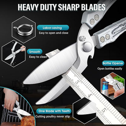 Dream Reach Kitchen Poultry Shears - Heavy Duty Detachable Meat Cutting Scissors with Serrated Edge Cooking Scissors for Thanksgiving Silver