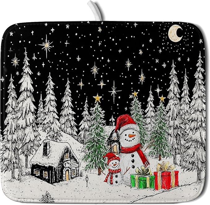 Winter Snowman Dish Drying Mat 18 X 16 in Black Microfiber Dish Pad Absorbent Holiday Kitchen Accessories by Giwawa