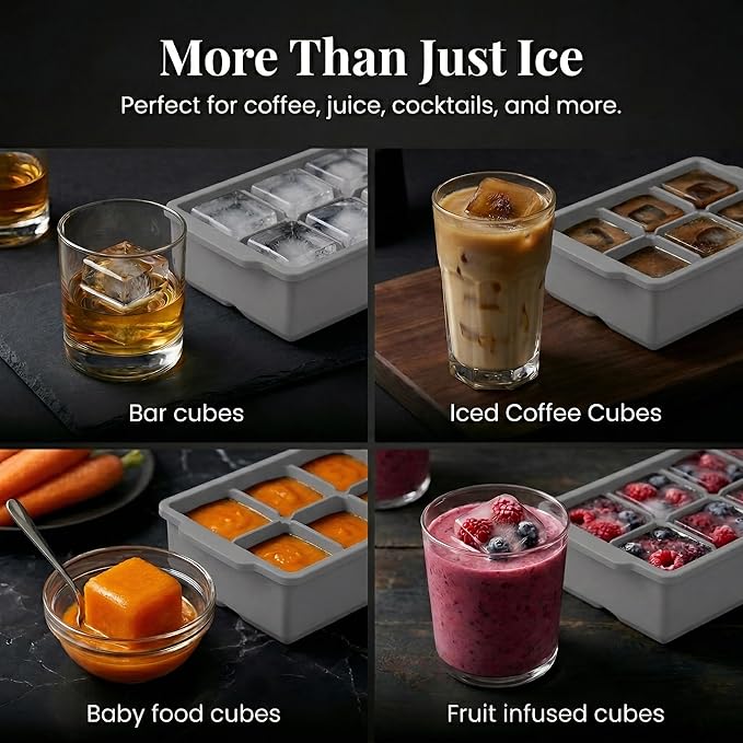 KitchFort Large Silicone Ice Cube Tray (3-Pack), Easy Release 2" Big Ice Cubes - Cocktail, Whiskey Ice Cubes Mold - Ice Trays for Freezer with Lid - Stackable Silicone Ice Tray - Gray - Image 7