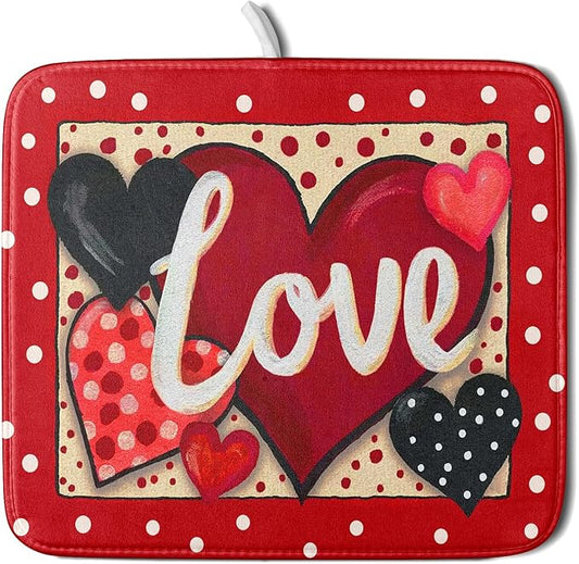 Love Heart Dish Drying Mat 16"x18" Red Dots Microfiber Dish Rack Mat Holiday Absorbent Fast Dry Draining Pad for Kitchen Counter Bar Sinks
