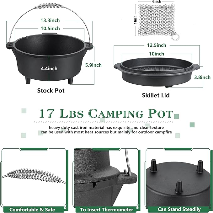 5QT Cast Iron Dutch Oven with Stainless Steel Scrubber, HaSteeL 2-In-1 Pre-seasoned Camping Pot, Heavy Duty Campfire Pot with Feet for Outdoor Stovetop Griddle Cooking Baking Roasting Stewing