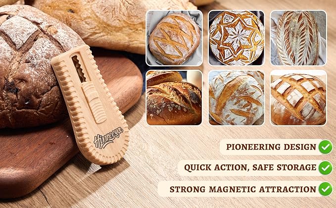 Sourdough Bread Lame, Magnetic Dough Scoring Tool with 5 Replaceable Blades, Ergonomic Handle for Easy Scoring, Ideal for Artisan Breads, Baguettes, and Bread Making Supplies (Wood)