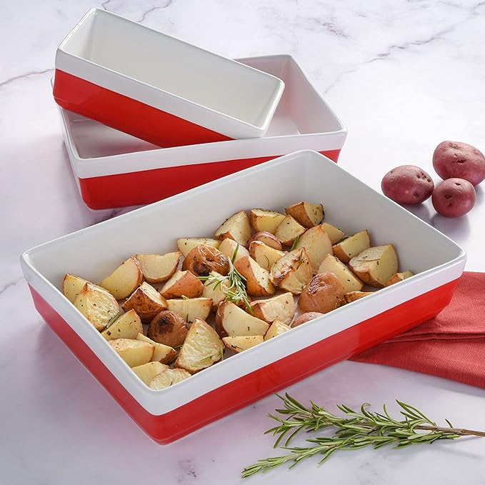 MARTHA STEWART 3-Piece Oven to Table Stoneware Bakeware Set – Baking Dish & Casserole Set – Red – Durable Oven-Safe Bakeware for Baking and Serving - Image 2