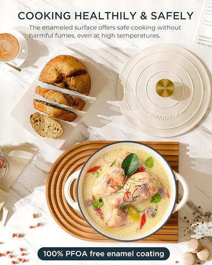 Enameled Cast Iron Dutch Oven - 4.5QT Pot with Lid & Cotton Potholders - Heavy-Duty Cookware for Braising, Stews, Roasting, Bread Baking, Oven Safe up to 500° F & Across All Cooktops, Cream White - Image 2