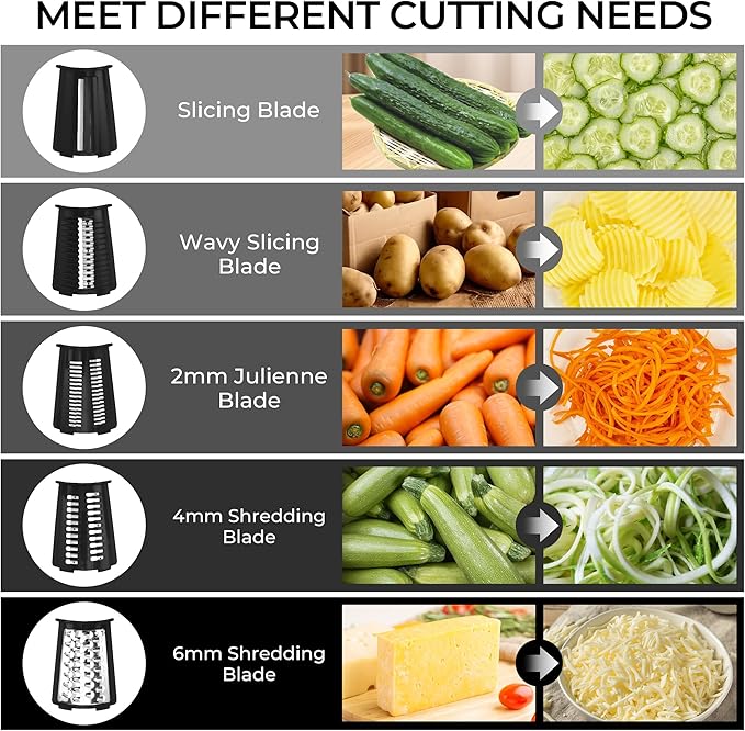 SUSTEAS Rotary Cheese Grater with Handle - Vegetable Shredder with 5 Well-designed Blades & Strong Suction Base,Round Mandoline Slicer & Food Chopper for Kitchen,with Blade Storage Box(Black) - Image 2