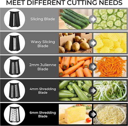 SUSTEAS Rotary Cheese Grater with Handle - Vegetable Shredder with 5 Well-designed Blades & Strong Suction Base,Round Mandoline Slicer & Food Chopper for Kitchen,with Blade Storage Box(Black) - Image 2
