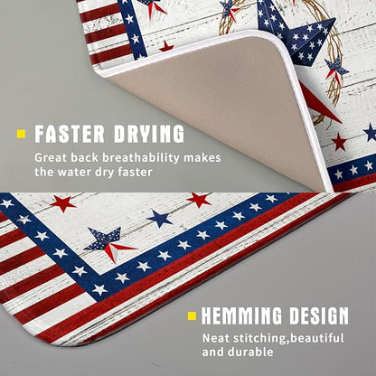 Giwawa Patriotic Stars Dish Drying Mat 4th of July America Star Wreath Dish Drainer Mats for Kitchen Countertop 16"x18" Rustic Independence Day Reversible Dish Drying Pad Small Decor