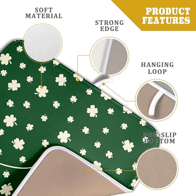 Giwawa St Patricks Day Dish Drying Mat Green Lucky Clovers Dish Drainer Mats 16"x18" Shamrock Holiday Microfiber Reversible Dish Drying Rack Pad Protector for Kitchen Countertop Small Decor