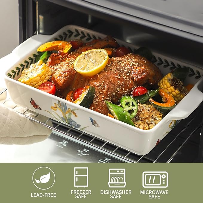 Ceramic Iris Baking Casserole Dish with Handles, Large 2 pieces 8x13 inch & 6x10 inch Lasagna Baking Dish and Middle Flower Andplant Baking Pan,Porcelain Serving Bakeware Set - Image 4