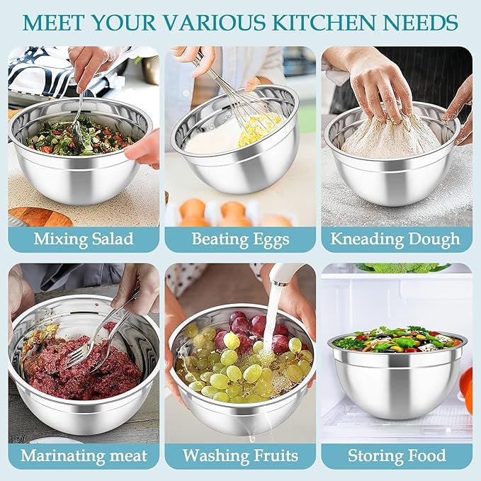 TeamFar Mixing Bowls, Stainless Steel Nesting Salad Bowls with Lids Set of 3 & 3 Grater Attachments, For Mixing/Serving/Storing, Non-toxic & Long-lasting, Size 4.6/3 / 1.5 QT, Navy Blue - Image 7