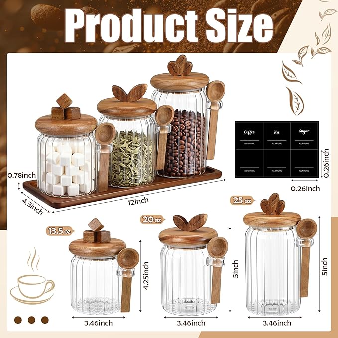 Suclain 3 Pcs Glass Coffee Container with Acacia Wood Lid & Spoon, 25oz, 20.3oz, 15oz Airtight Glass Jar with Wooden Shelf, Food Storage Containers Coffee Jar Tea Container(Acacia Color) - Image 2